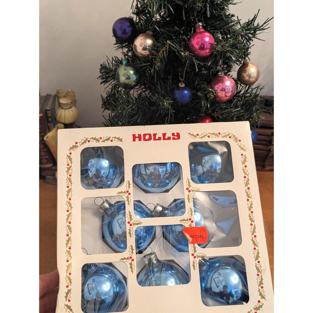 Vintage Blue Glass Christmas Ornaments Set of 8, Retro Holiday Baubles